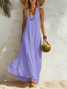 Women's Camel Sleeveless Scoop-Neck Relaxed Swing Maxi Dress